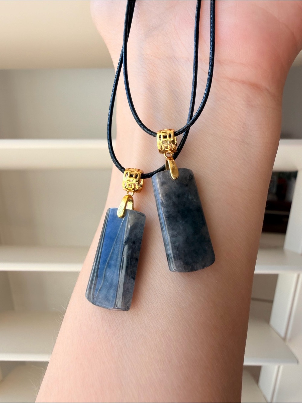 Natural Grade A Burmese Icy Black Silk Jadeite "Wushi" Plaque Pendant Set